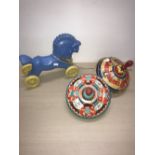 2 X VINTAGE SPINNING TOPS BY CHAD VALLEY & PULL ALONG HORSE