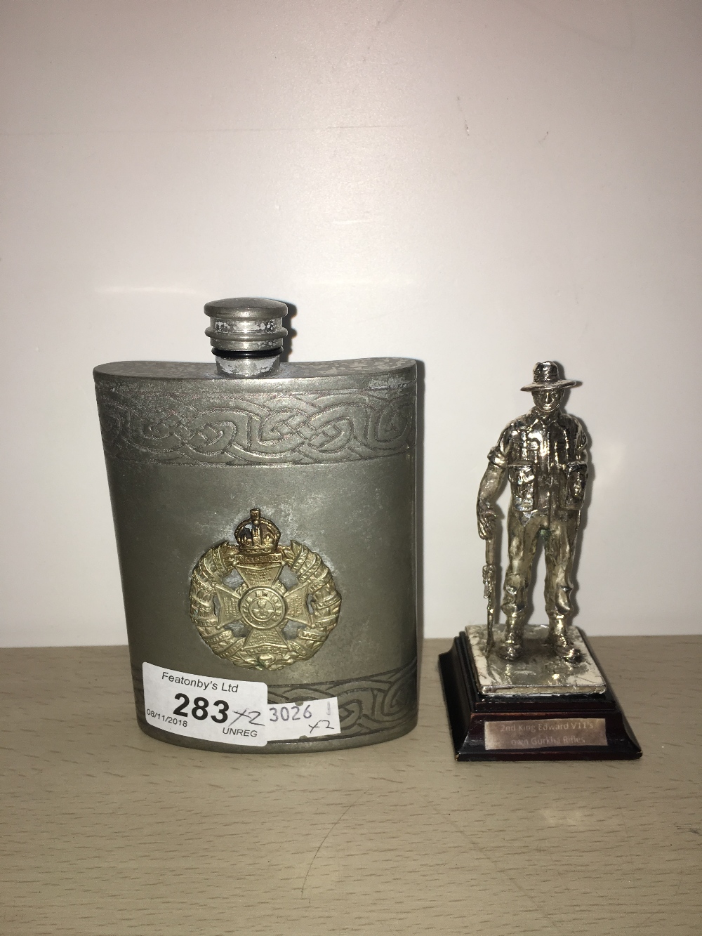 2ND KING EDWARDS 7TH OWN GURKHA RIFLES CAST METAL FIGURE AND PEWTER HIP FLASK