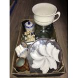 LOT OF MISCELLANEOUS POTTERY AND LARGE GLASS JAR WITH TAP GAMES ETC