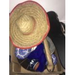 BOX OF POTTERY AND UKULELE CASE METAL WARE AND SOMBREROS