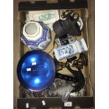 BOX OF MISCELLANEOUS INCLUDING GAS MASK WOOD CANDLESTICKS ETC