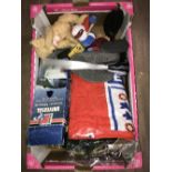 BOX LOT OF TOWING MIRROR OLD TEDDY OLYMPIC MASCOT AND DESK FIBRE LAMP