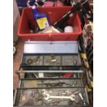 METAL TOOL BOX AND CONTENTS OF SPANNERS AND BOX ACCESSORIES