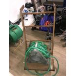 METAL SACK BARROW AND GARDEN HOSE ON REEL