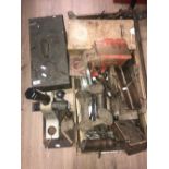 LARGE AMOUNT OF HAND TOOLS WOOD PLANES AND METAL TOOL BOX