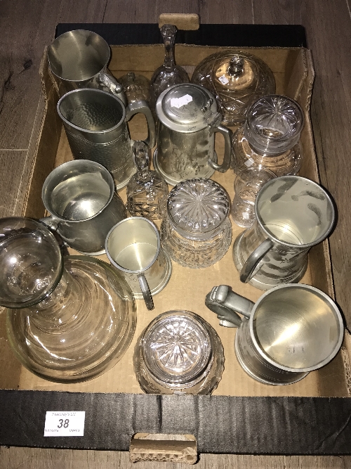 BOX OF PEWTER WARE GLASS WARE