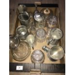 BOX OF PEWTER WARE GLASS WARE