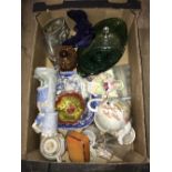 BOX MISCELLANEOUS POTTERY PORCELAIN AND GLASS INCLUDING FIGURINES AND ORIENTAL