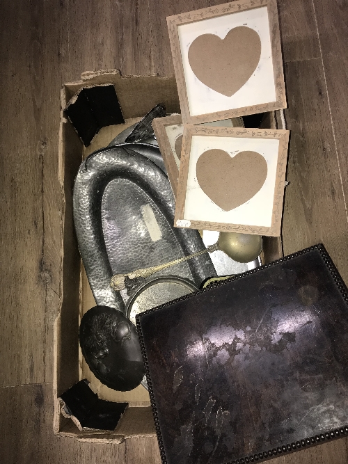 BOX OF MISCELLANEOUS FRAMES AND OAK CUTLERY BOX