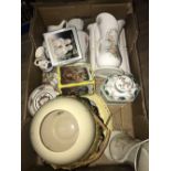 BOX OF MISCELLANEOUS POTTERY AND PORCELAIN VASES AND GINGER JAR ETC