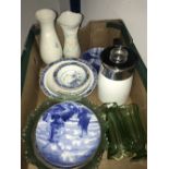 BOX POTTERY AND GLASS INCLUDING BOOTHS DESSERT SET AND WEST GERMAN PLATES