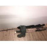 4 FISHING RODS AND 1 PAIR OF WELLINGTONS SIZE 11