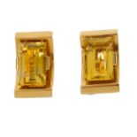 A pair of mid 20th century gold heliodor earrings. Each designed as a rectangular-shape heliodor,