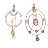 Two early 20th century gold gem-set pendants. To include, an oval openwork panel, set with garnet
