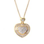 An 18ct gold diamond heart pendant. The brilliant and baguette-cut diamond heart, suspended from the