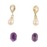 Five pairs of gem-set earrings. To include a pair of ruby drop earrings, a pair of amethyst stud