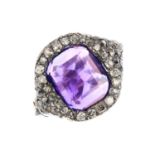 An amethyst and diamond dress ring. The rectangular-shape amethyst, with single-cut diamond surround