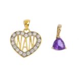 Two gem-set pendants. To include a triangular-shape amethyst pendant, together with a cubic zirconia