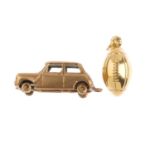 Two 9ct gold charms. To include a car charm, together with a rugby ball charm. Hallmarks and