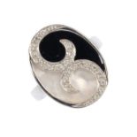 An 18ct gold diamond, mother of pearl and onyx dress ring. Of oval-shape outline, the mother of