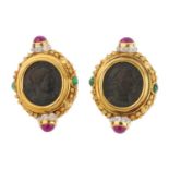 A pair of diamond and gem-set earrings. Each designed as a token, with textured bead sides and