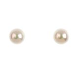 MIKIMOTO - a pair of cultured pearl stud earrings. Cultured pearls measuring 6.3 and 6.2mms. Maker's