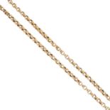 An early 20th century gold longuard chain. Comprising a series of box links. Length 173cms. Weight