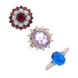 Three gem-set rings. To include a 9ct gold amethyst and split pearl cluster ring, a 9ct gold