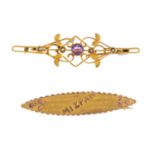 Two bar brooches. To include an openwork amethyst and split pearl brooch, with textured foliate