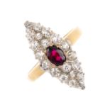 A ruby and diamond dress ring. The oval-shape ruby and single-cut diamond marquise-shape cluster,