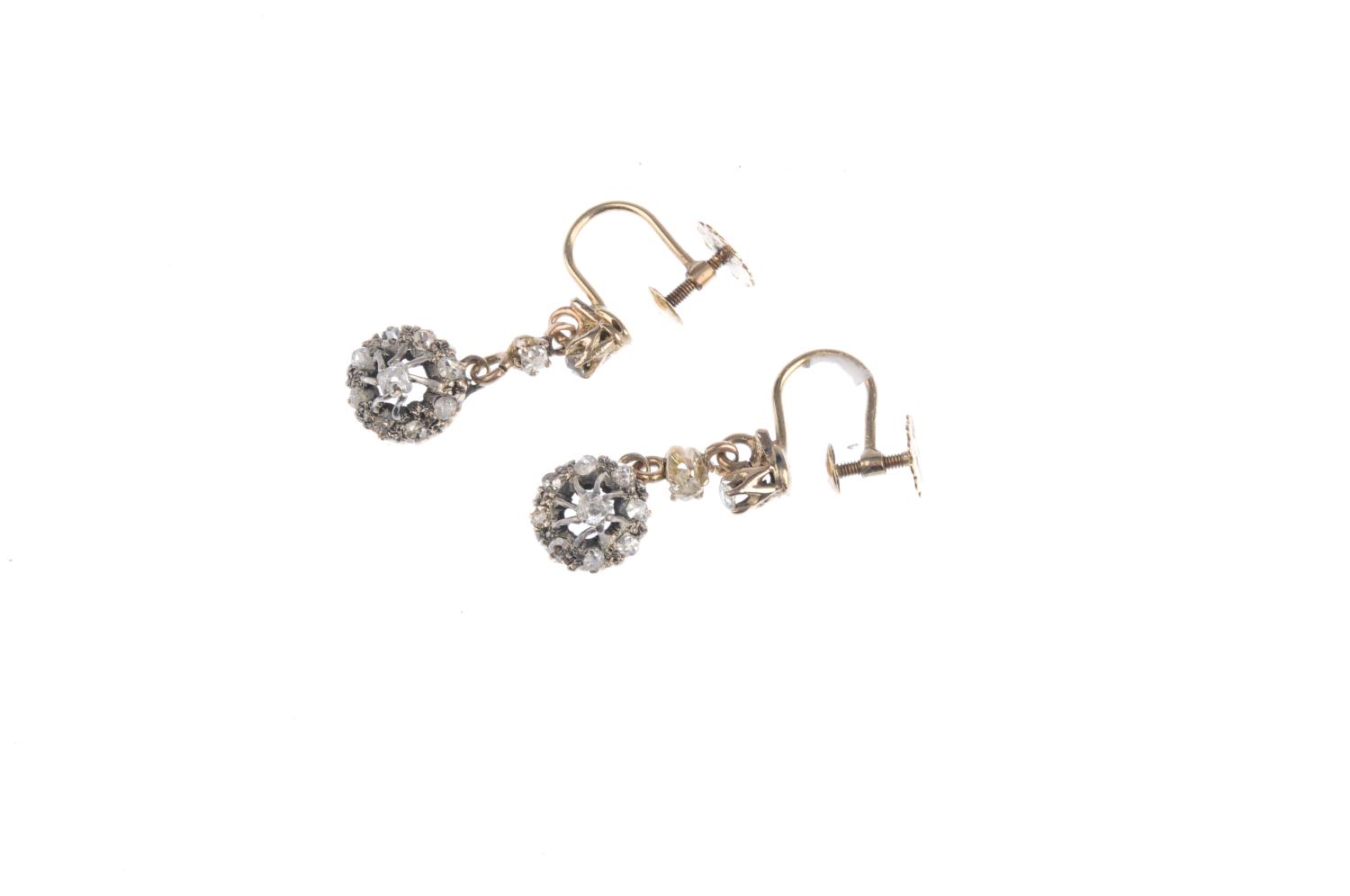 A pair of diamond earrings. Each designed as an old-cut diamond cluster drop, suspended from a - Image 2 of 2