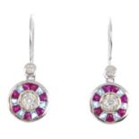 A pair of diamond, ruby and aquamarine earrings. Each designed as an old-cut diamond, with calibre-