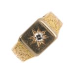 An 18ct gold diamond signet ring. The brilliant-cut diamond, within a star setting and engraved