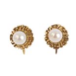 A selection of earrings. To include a pair of 9ct gold cultured pearl earrings, a single 9ct gold