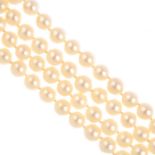 A cultured pearl two-strand necklace, with gem-set clasp. Comprising two rows of fifty-two and