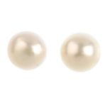 A pair of cultured pearl stud earrings. Cultured pearls measuring 14.6 and 14.5mms. Overall