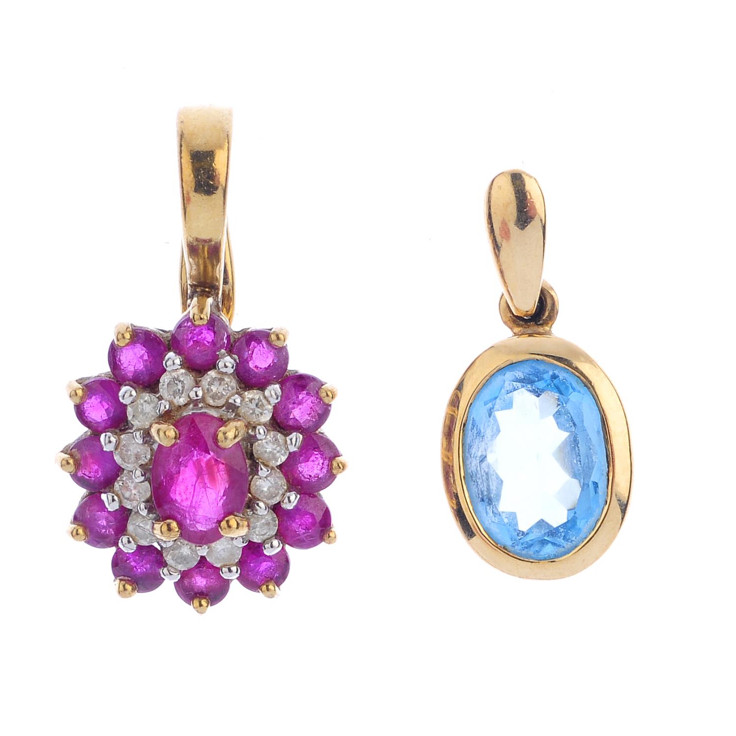 Two 9ct gold gem-set pendants, with matching earrings. To include a ruby and colourless gem