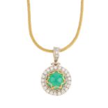 A gem-set pendant. The circular chrysoprase quartz cabochon, within circular-shape cubic zirconia