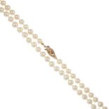 Three freshwater cultured pearl single-strand necklaces. Measuring 5mms, to the openwork clasp.