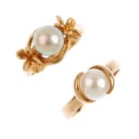 Two cultured pearl dress rings. To include a 9ct gold cultured pearl ring with spiral mount,