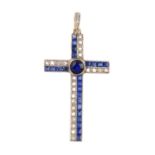 A diamond and gem-set cross pendant. Designed as a calibre-cut sapphire and rose-cut diamond