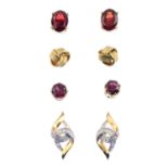 Six pairs of earrings. To include a pair a pave-set diamond earrings, a pair of cultured pearl and