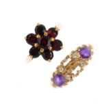 Two diamond and gem-set rings. To include a garnet cluster ring, together with an amethyst and