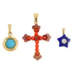 Three gem-set pendants. To include a coral and red-gem cross pendant, a cubic zirconia and lapis