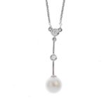 An 18ct gold cultured pearl and diamond necklace. The cultured pearl, measuring 7mms, with