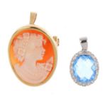 Two gem-set pendants. To include a shell cameo pendant, together with an oval-shape blue paste and