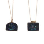 Two gem-set pendants. Each designed as an opal mosaic depicting a galleon ship, suspended from a