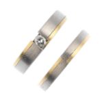 A set of two rings. Each of bi-colour design with brushed finish, to include a brilliant-cut diamond