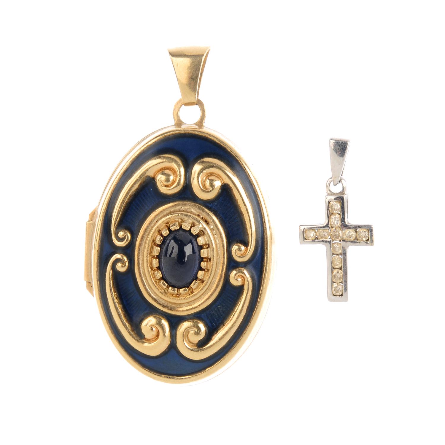 Two pieces of gem-set jewellery. To include a brilliant-cut diamond cross, together with an oval