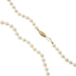 Three sets of cultured pearl jewellery. Each set comprising a single-strand necklace with marquise-